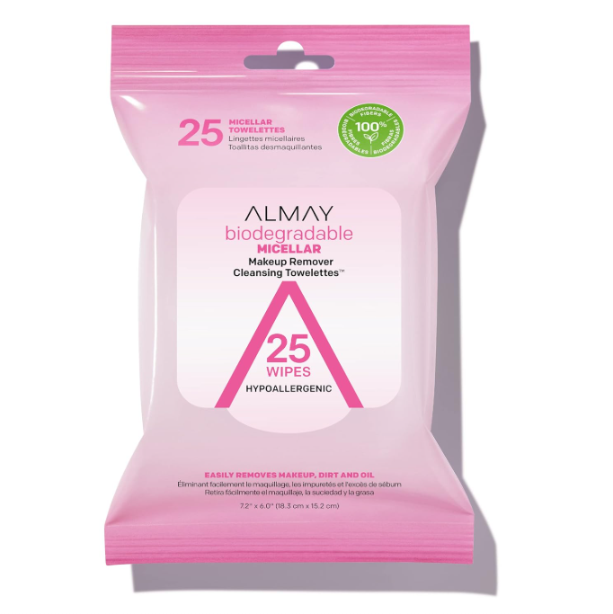 Almay Makeup Remover Cleansing Towelettes, Biodegradable Micellar Water Wipes for Sensitive Skin, Hypoallergenic, Cruelty- & Fragrance-Free, 25 Count