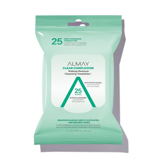 Almay Makeup Remover Cleansing Towelettes, Clear Complexion Wipes for Oily & Acne Prone Skin, Hypoallergenic, Cruelty- & Fragrance-Free, 25 count