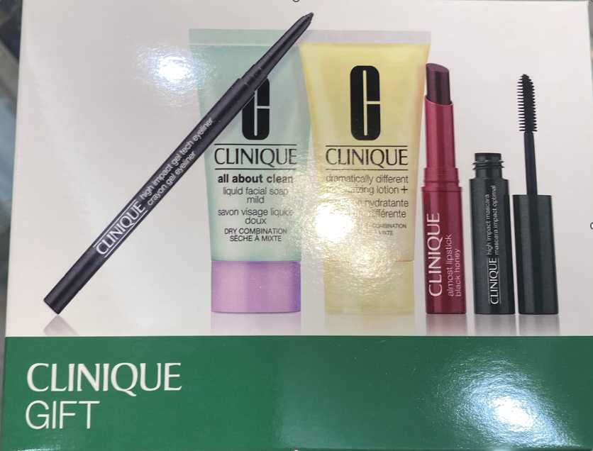 Clinique Gift Set- GreenAll About Clean Liquid Facial Soap Mild 1 fl oz, Dramatically Different Moisturizing Lotion+ 1 fl oz, High Impact Gel Tech Eyeliner-intense black .09 oz,High Impact Mascara- Black .14 ozAlmost Lipstick- black honey .14oz
