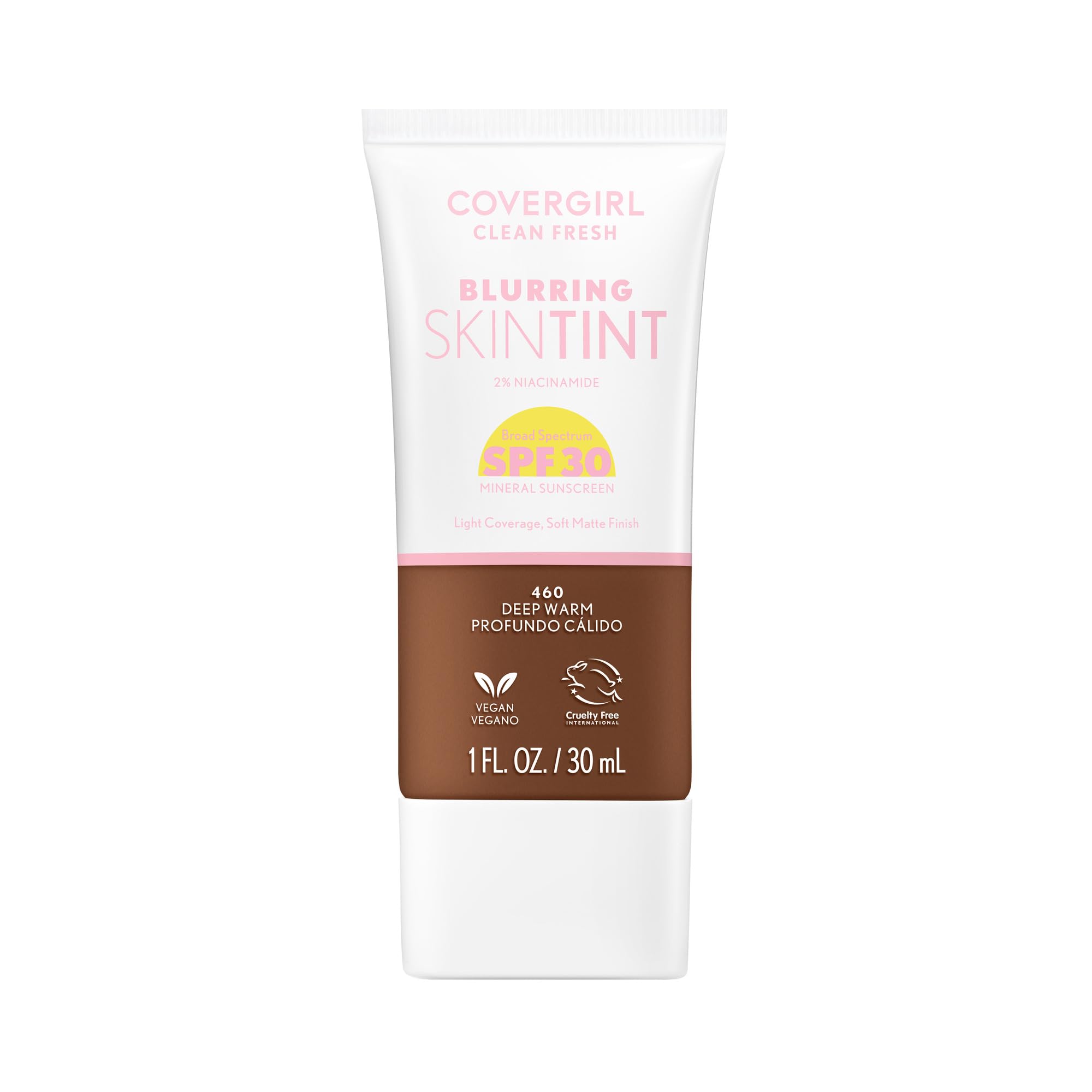 COVERGIRL Clean Fresh Blurring Skin Tint with SPF 30, 460 Deep Warm, Liquid Foundation, Soft Matte Finish, Smooths, Brightens, Blurs Pores, Mineral Sunscreen, Vegan Formula