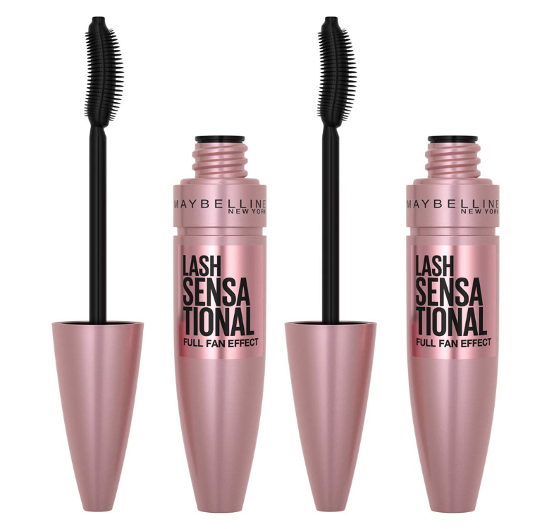 Maybelline Lash Sensational Washable Mascara, Lengthening and Volumizing for a Full Fan Effect, Blackest Black, 2 Count