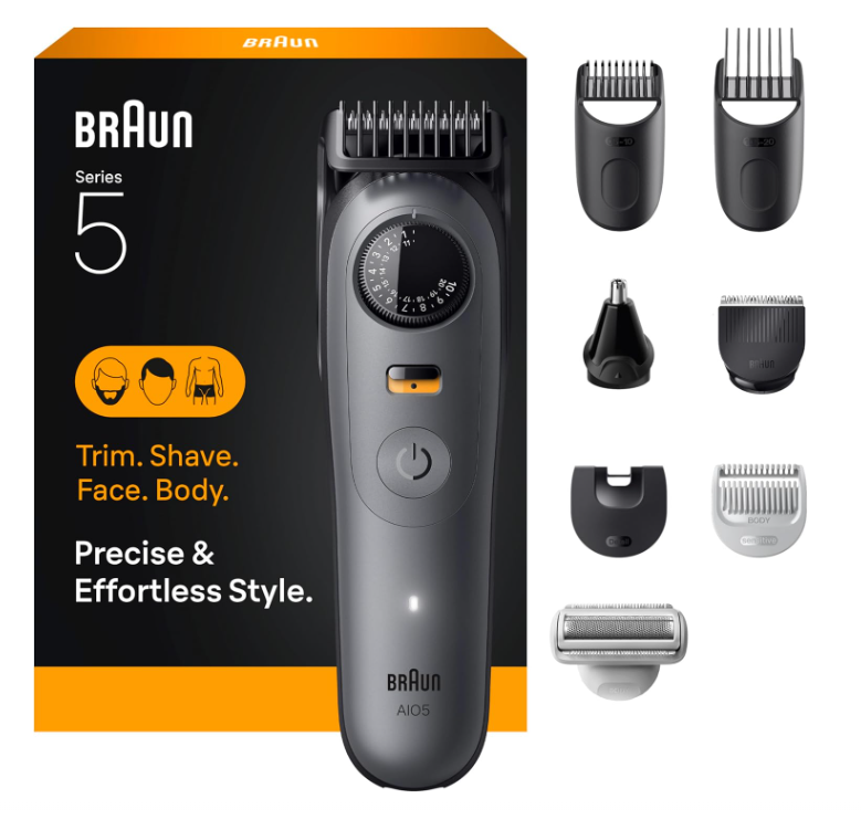 Braun Series 5 All-in-One Beard & Body Grooming Kit for Men, Cordless Trimmer, Hair Clippers & Shaver for Face, Hair & Body with Smooth Shave Head, AIO 5510